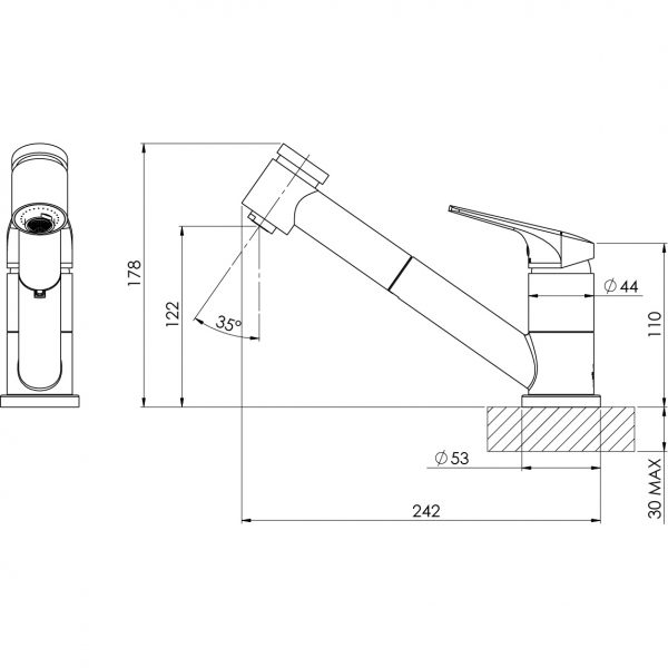 154 7100 Ivy MKII Pull Out Sink Mixer Line Drawing 600x600 1