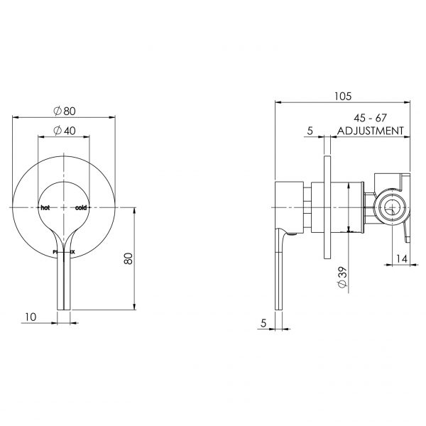 VV780 Vivid Slimline Oval Shower Wall Mixer Line Drawing 600x600 1